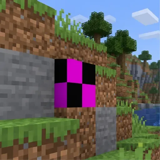A Minecraft-style hillside with one grass block face showing a purple-and-black missing-texture checkerboard while nearby blocks render normally