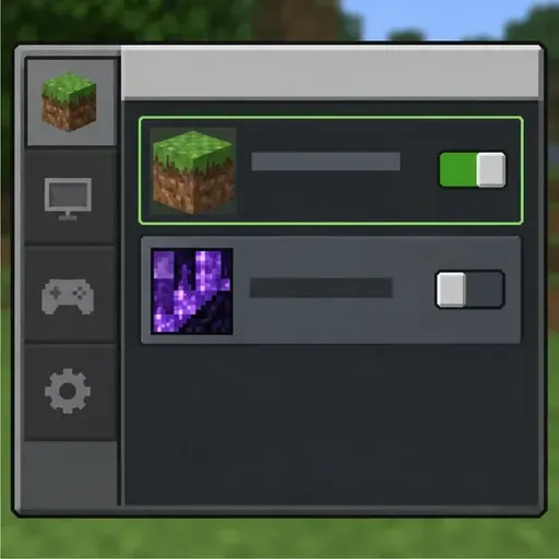 A Minecraft-style resource pack settings panel with the default grass block pack enabled and a custom pack switched off