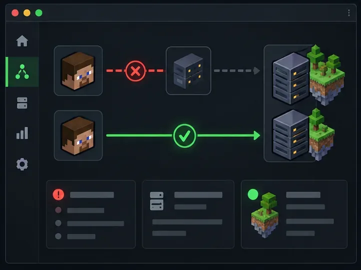 Diagrama căii de conexiune care arată o rută proxy eșuată și o rută directă client-server sănătoasă