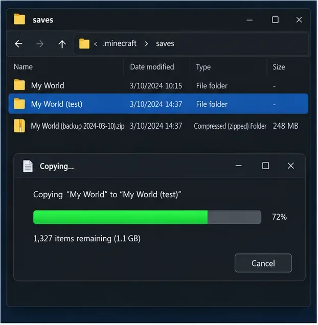 Un exemplu de folder de salvare prezintă o lume originală, o copie de test separată și o arhivă de rezervă datată.
