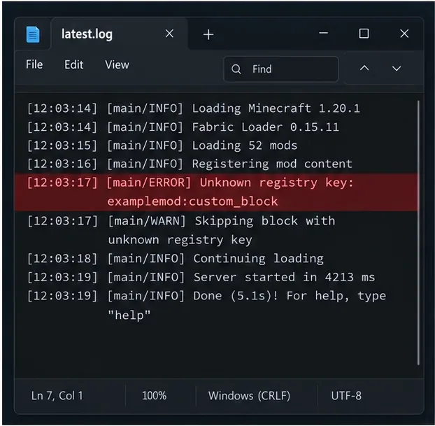 Un exemplu de vizualizare a jurnalelor evidențiază cheia cu spațiu de nume examplemod:custom_block printre liniile de pornire din jur.