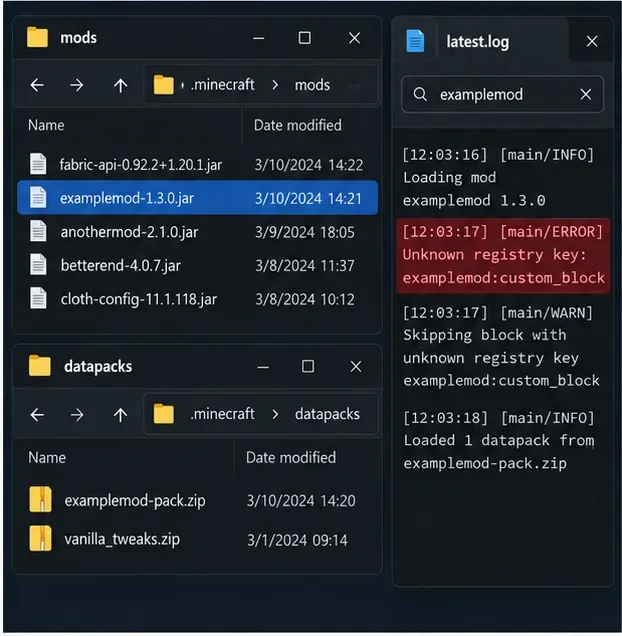 Un exemplu de manager de fișiere afișează mod-uri și datapack-uri lângă o căutare în jurnal pentru spațiul de nume examplemod.