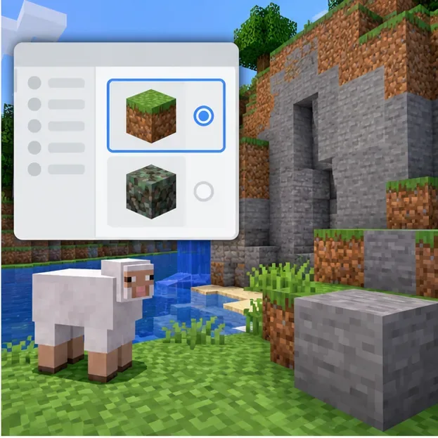 A simplified resource-pack selection panel beside a Minecraft-style scene with normally colored grass, stone, water, and a sheep.