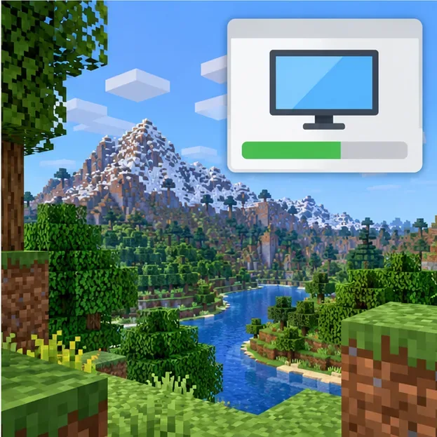 A crisp Minecraft-style landscape beside a generic computer update window with a progress bar.