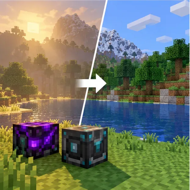 A split Minecraft-style landscape comparing hazy shader lighting with a clear scene after the visual effect is removed.