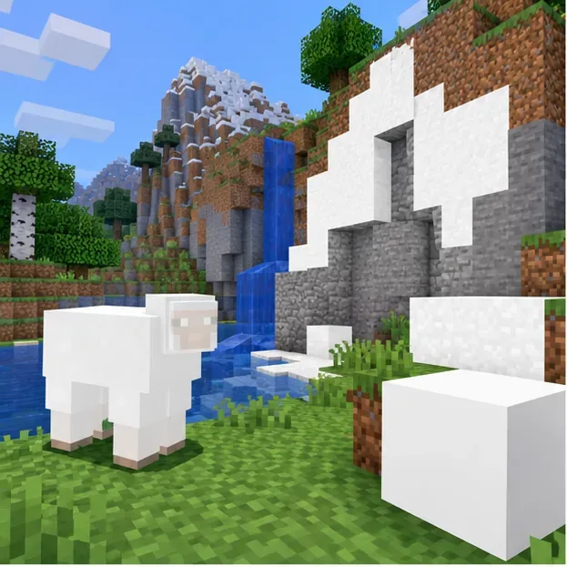 A Minecraft-style mountain scene with several block faces appearing flat white among normal green grass, stone, water, and a sheep.