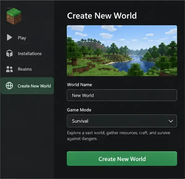 デフォルトのサバイバルワールドに設定された、Minecraftの新しいワールド作成画面の例