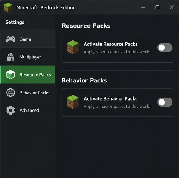 動作パックとリソースパックのスイッチをオフにしたBedrockワールド設定例