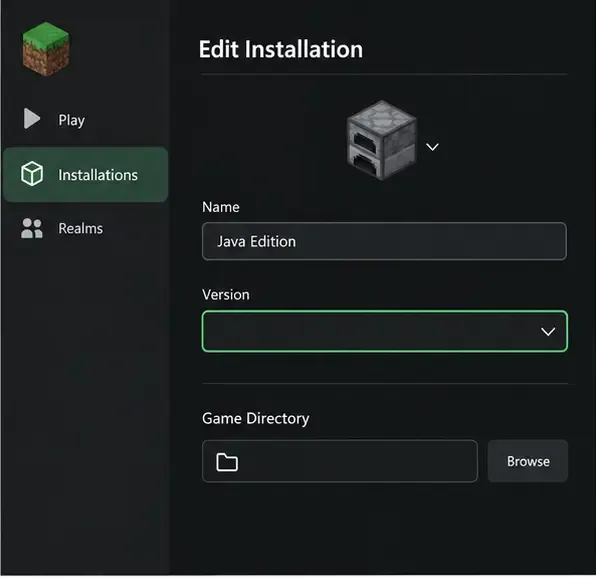 空のバージョンセレクタとデフォルトのゲームディレクトリを備えた、Minecraft Java版インストールエディタの例