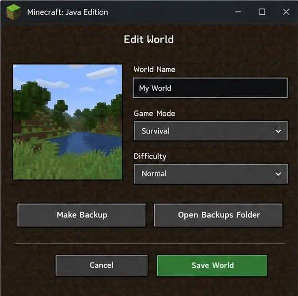 Minecraft Java版の編集ワールド画面の例。バックアップの作成とバックアップフォルダを開く操作を示しています。