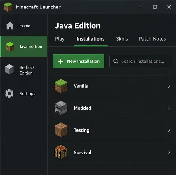 Minecraft Launcher Java Editionのインストールタブと「新規インストール」ボタンの例