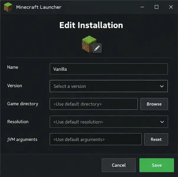 JVM引数をデフォルトのままにしたMinecraft Java Editのインストール画面の例