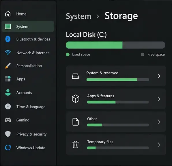 使用済み容量と空き容量を示すバーが表示された、Windowsのストレージ設定画面の例。