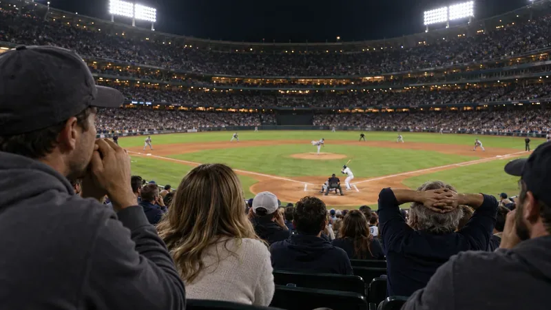 Os torcedores assistem a um jogo de beisebol noturno de trás do home plate, com o campo interno iluminado visível além das arquibancadas.