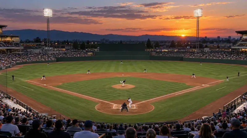 Um campo de beisebol ao pôr do sol, com os jogadores posicionados, os refletores do estádio acesos e os torcedores nas arquibancadas.