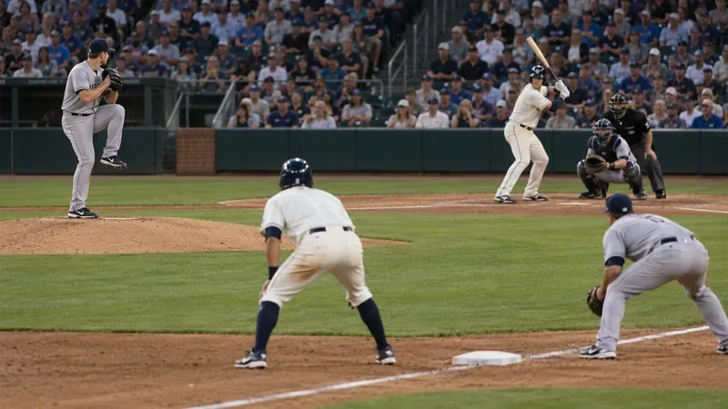 Um arremessador se prepara para lançar enquanto um rebatedor aguarda no home plate e um corredor avança da primeira base.