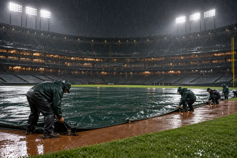 Grounds crew members in rain gear pull a tarp across a rain-soaked baseball infield under stadium lights.