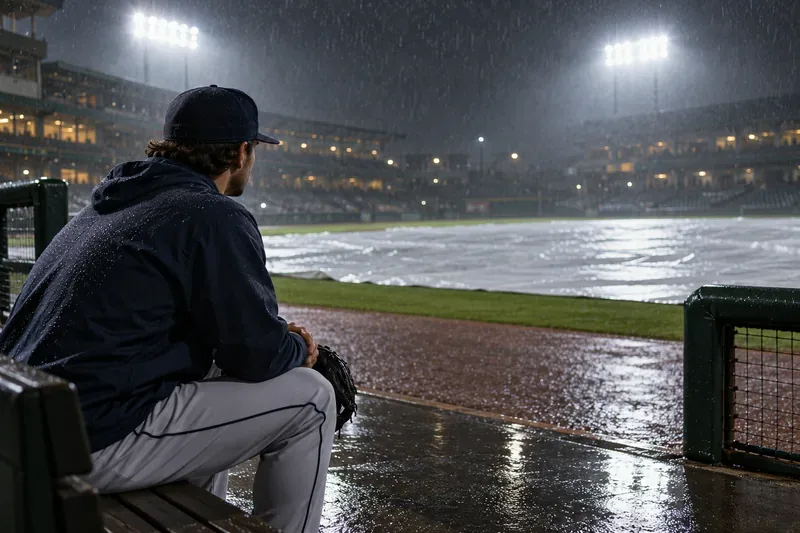 An anonymous baseball pitcher waits near the dugout as rain falls and a tarp covers the field under stadium lights.