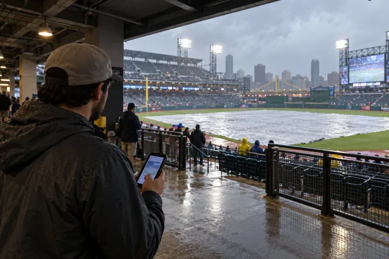 A fan checks a phone from a covered baseball stadium concourse while a tarp covers the rain-soaked field.