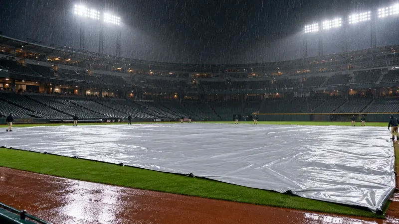 Chuva caindo sobre o campo de beisebol coberto sob os refletores do estádio, com a equipe de manutenção próxima à lona.
