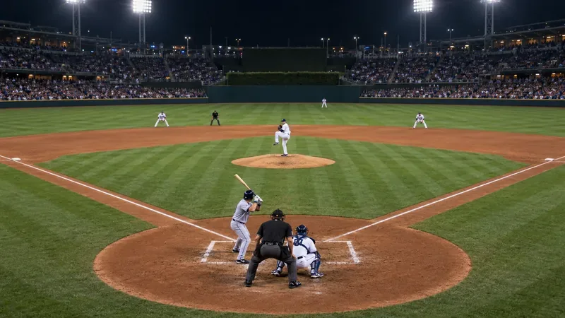 A baseball infield at night with the pitcher, batter, catcher, and no runner on the bases.