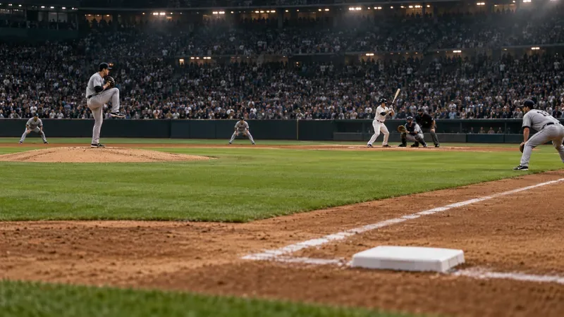 A batter waits for a pitch as the pitcher and fielders are set under stadium lights, with first base visible in the foreground and no runner near it.