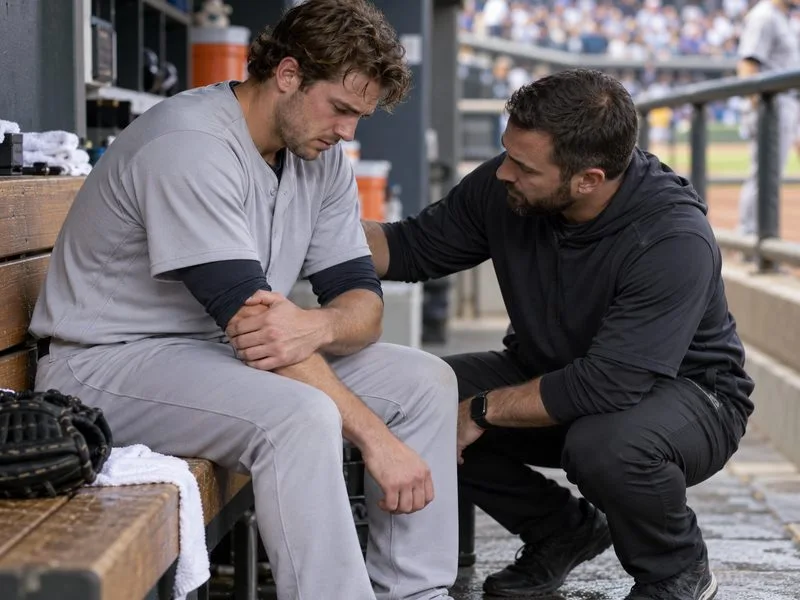 A baseball player in a gray uniform sits on a dugout bench while a staff member checks in with him.