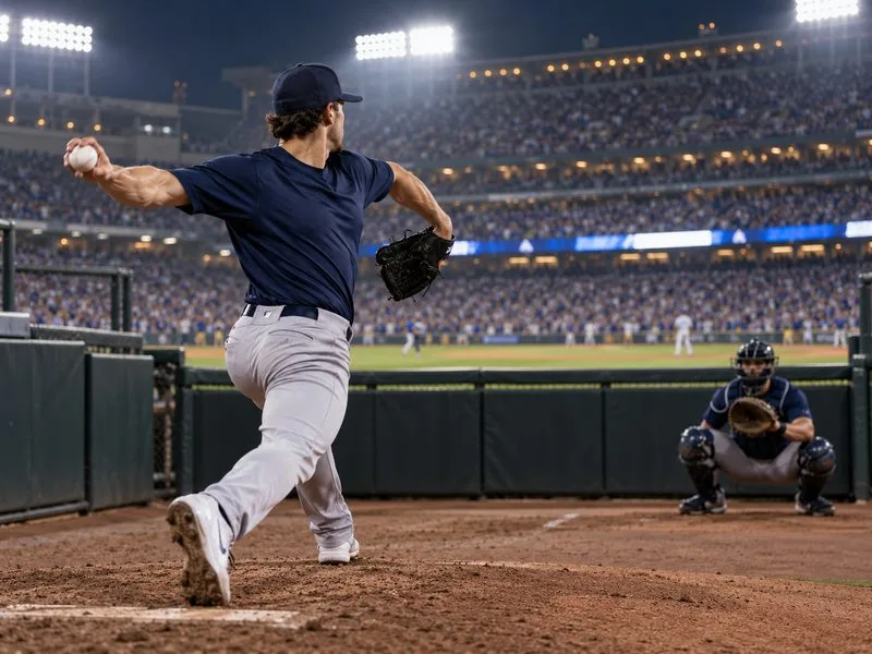 A relief pitcher throws from the bullpen under stadium lights as a catcher waits.