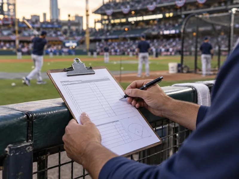 A staff member holds a roster clipboard beside a baseball field as players warm up in the background.