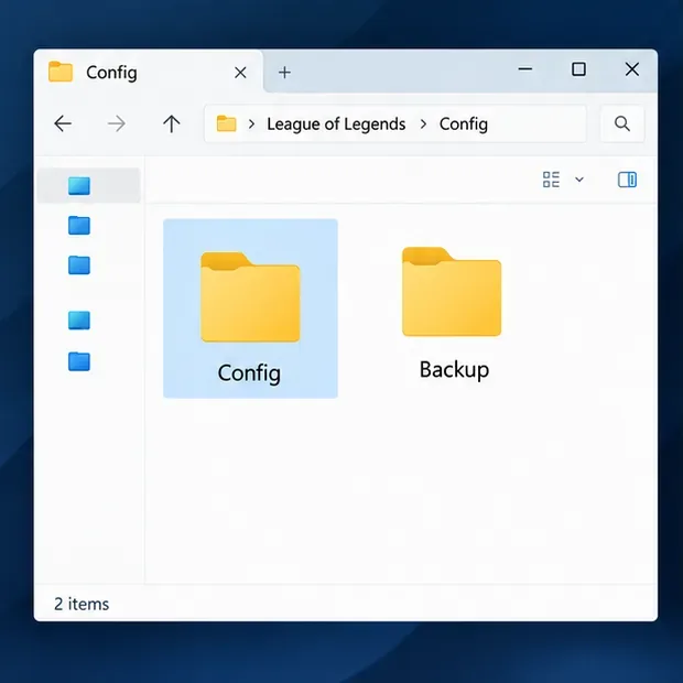 ภาพประกอบแสดงมุมมองของ File Explorer ที่แสดงโฟลเดอร์ Config ของเกม League of Legends ซึ่งอยู่ข้างๆ โฟลเดอร์สำรองข้อมูลอีกโฟลเดอร์หนึ่ง