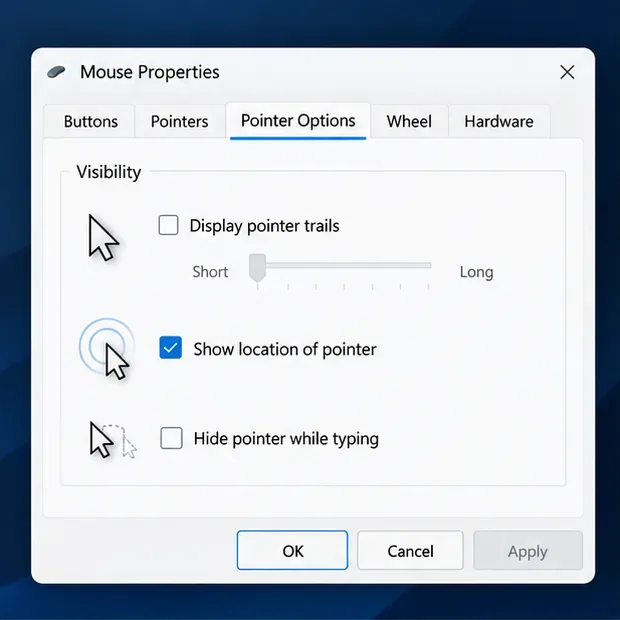 ภาพประกอบแสดงหน้าต่างการตั้งค่าเมาส์ของ Windows ในส่วนตัวเลือกตัวชี้ โดยที่ตัวเลือกแสดงเส้นทางตัวชี้ไม่ได้ถูกเลือก และตัวเลือกแสดงตำแหน่งตัวชี้ Ctrl ถูกเปิดใช้งาน