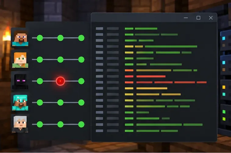 Uma linha do tempo do servidor compara eventos de movimento para vários jogadores de jogos de blocos, com um evento em destaque.