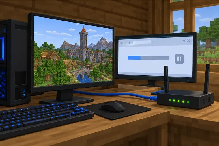 Uma configuração de jogo em computador mostra uma conexão de rede cabeada a um roteador e um download em segundo plano pausado.