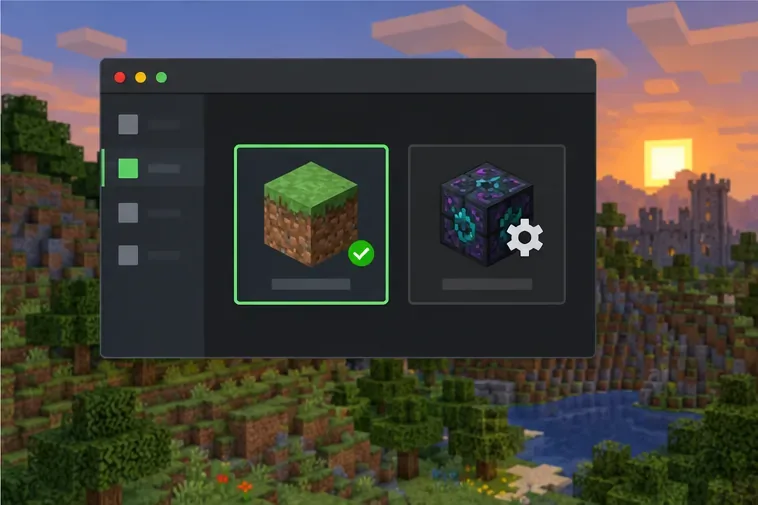 Um seletor de perfil genérico de inicializador de jogos mostra um perfil limpo, sem modificações, selecionado ao lado de um perfil com modificações.