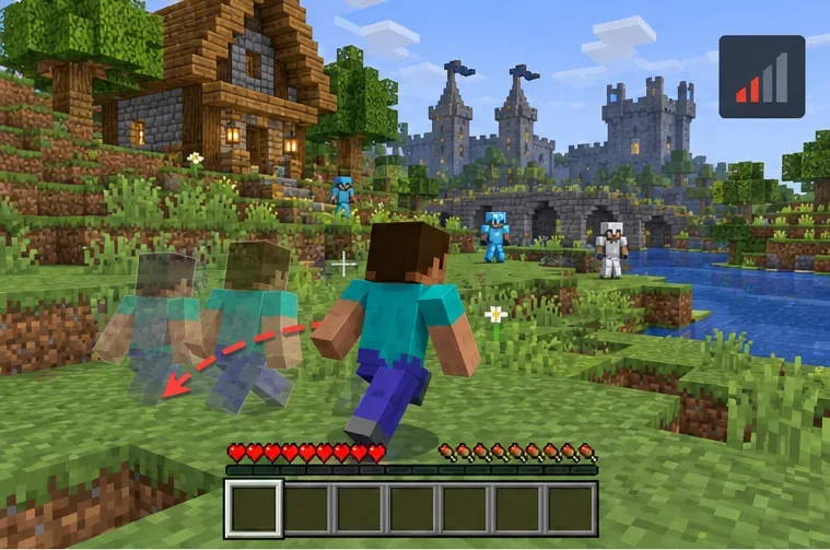 Um jogador de Minecraft, com seu estilo de blocos, parece retornar rapidamente ao longo de um caminho tracejado em um mundo multijogador.