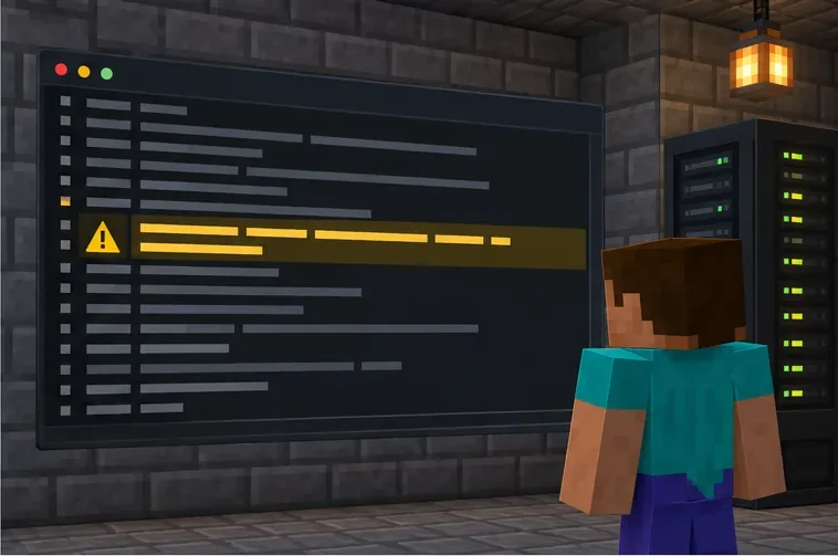 Um operador de servidor de jogos em blocos analisa uma janela do console com um aviso de movimento destacado.