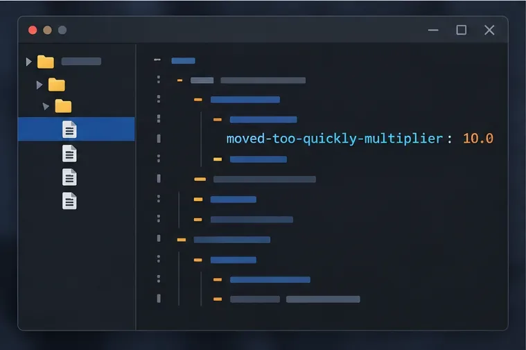 Uma ilustração escura de um editor de código mostra a configuração YAML moved-too-quickly-multiplier: 10.0