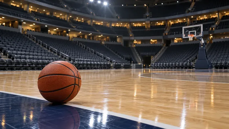 Uma bola de basquete repousa sobre a quadra polida em uma arena vazia antes de um jogo de pré-temporada.