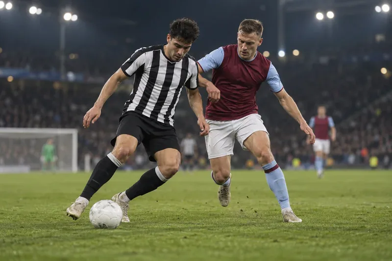 Un calciatore con una maglia a strisce bianche e nere protegge il pallone da un avversario in maglia bordeaux e blu.