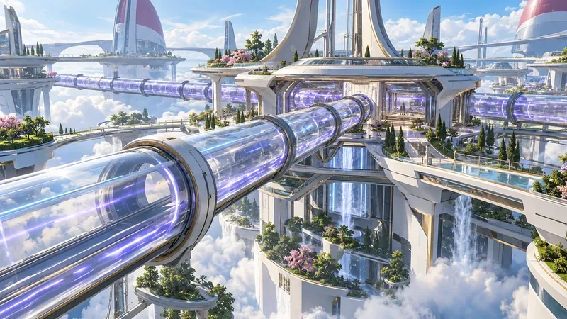 Um tubo de transporte de energia de fase brilhante atravessa uma cidade flutuante branca em direção a um centro interno.