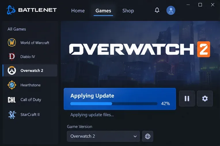 Een updatescherm voor Overwatch 2 in Battle.net-stijl met een voortgangsbalk 'Update toepassen' die op 42 procent is gepauzeerd.