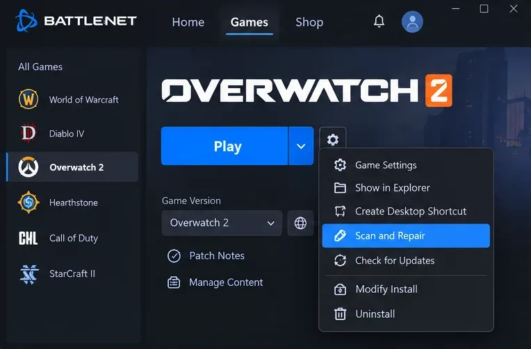De Overwatch 2-pagina in een Battle.net-achtige launcher, waarbij 'Scannen en repareren' is geselecteerd in het optiemenu.