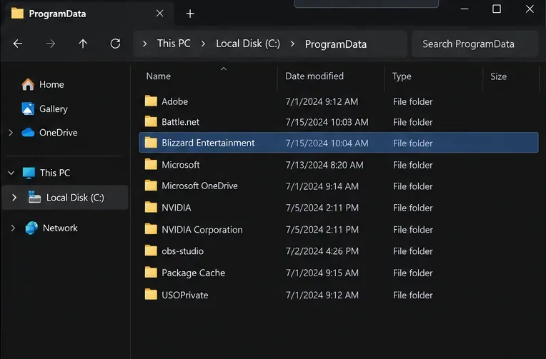 Windows Verkenner toont de map ProgramData en de map Blizzard Entertainment is geselecteerd.