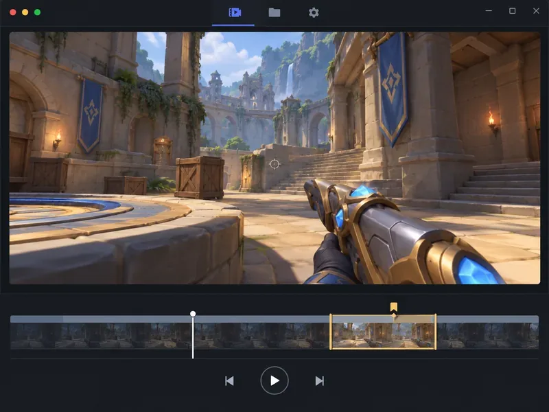 Illustratieve opnameviewer met een gameplay-preview vanuit het perspectief van de speler, een afspeeltijdlijn en een gemarkeerd fragment.