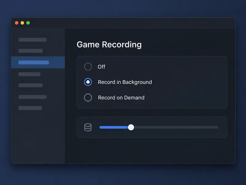 Illustratief paneel met instellingen voor game-opname, met de opties 'Uit', 'Opnemen op de achtergrond' en 'Opnemen op aanvraag' geselecteerd.
