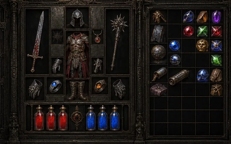 A disposição do inventário exibe uma espada, armadura, botas, frascos vermelhos e azuis e vários orbes de criação de cores diferentes.