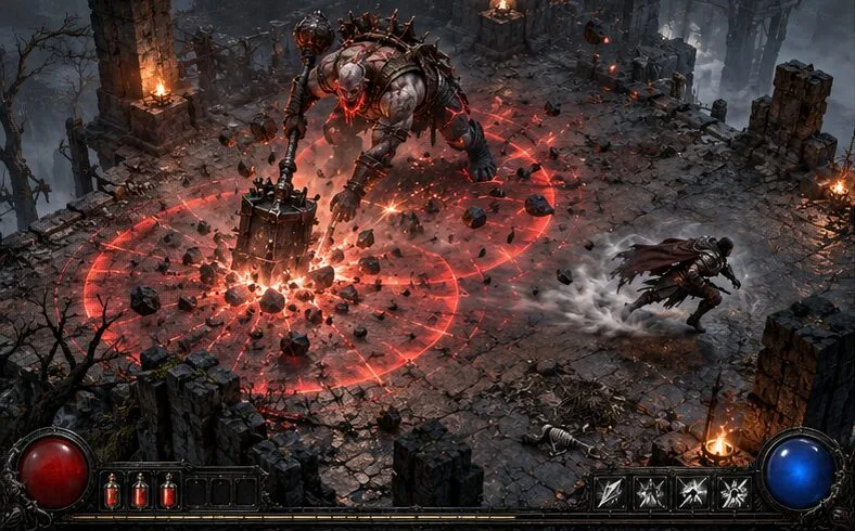 Um aventureiro rola para se esquivar de um monstro grande enquanto um círculo vermelho brilhante marca a área de impacto do ataque no chão.