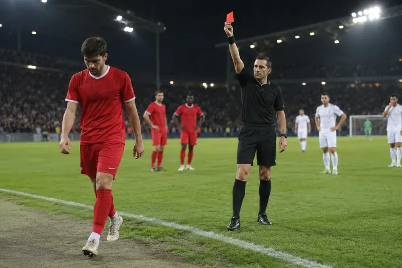 Een scheidsrechter steekt een rode kaart omhoog terwijl een speler in een rood shirt onder de stadionverlichting naar de zijlijn loopt.
