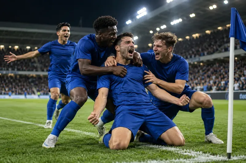Spelers in effen blauwe voetbaltenues vieren samen feest bij een hoekvlag onder de stadionverlichting.