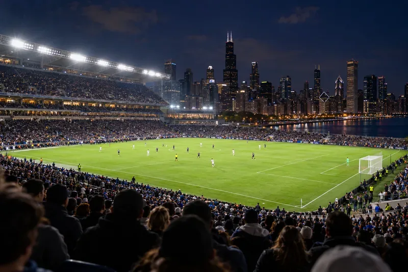 Een nachtvoetbalstadion naast de skyline van het Michiganmeer in Chicago, met het veld en de tribunes verlicht.